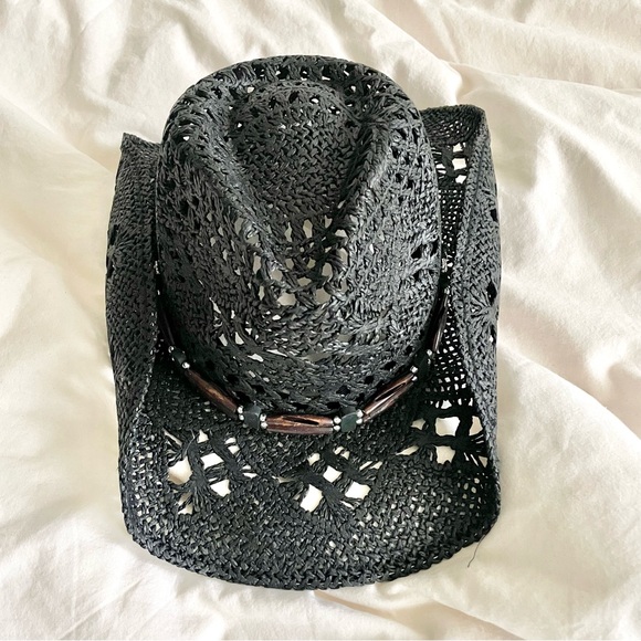 PETER GRIMM Black Straw Western Style Hat One Size Fits Most Beaded Beach Summer - Picture 2 of 8
